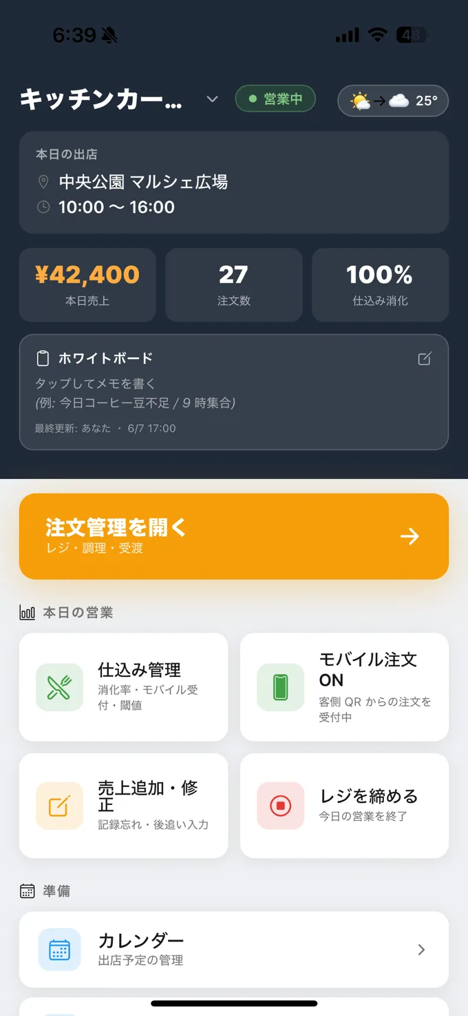 KITPOS ホーム画面:本日の売上・注文数・仕込み消化を一望